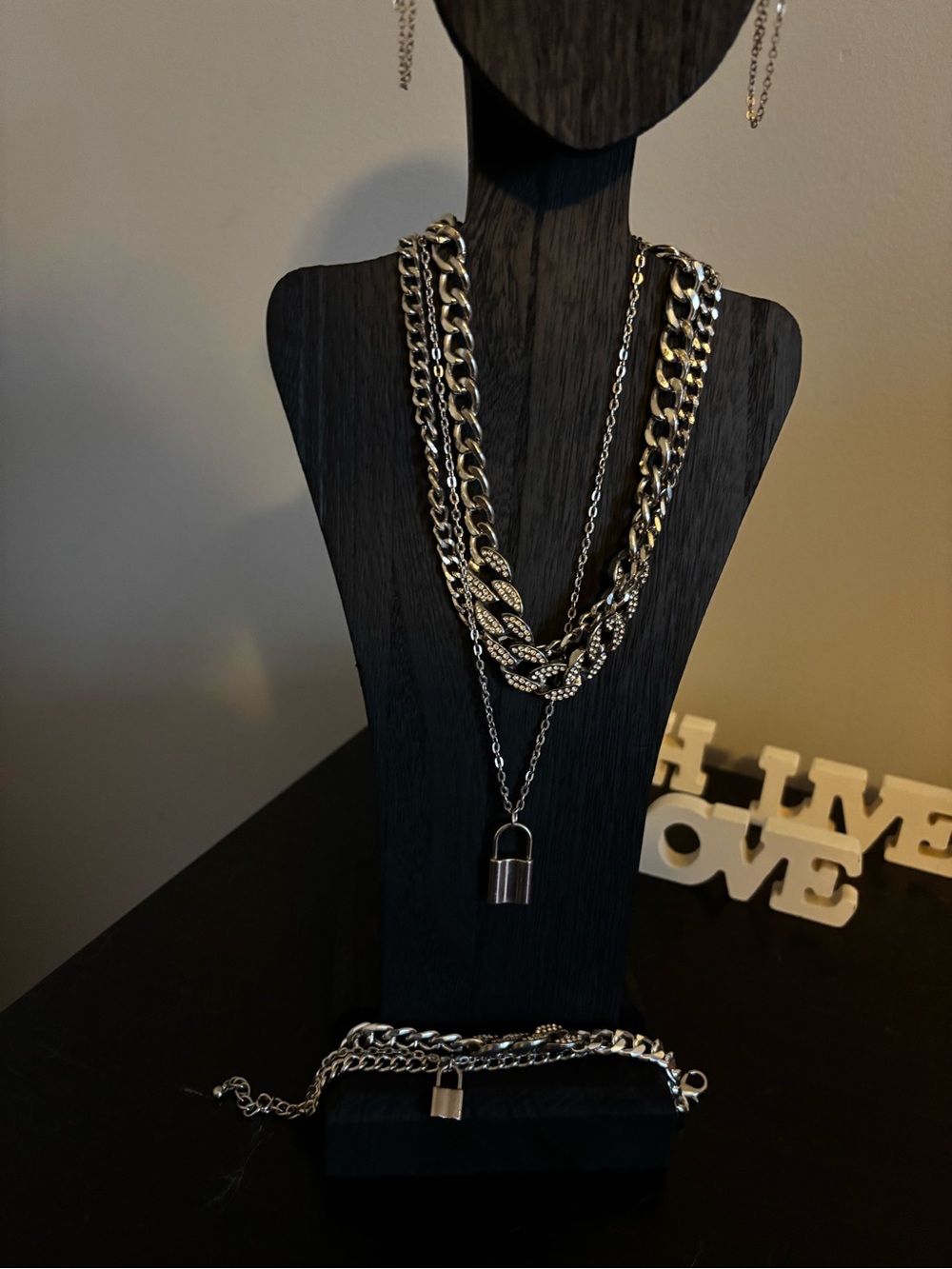 Bundle and Save! Silver Layered  Necklace and Bracelet Set with Padlock Pendant